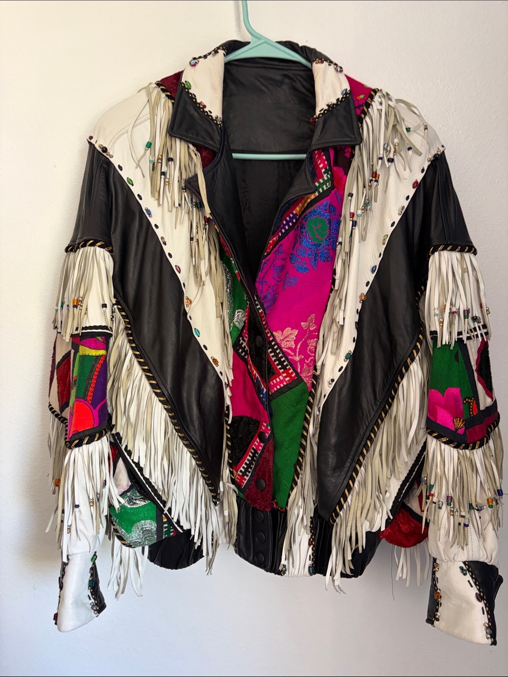 Fringed Leather Statement Jacket in Black, White & Multicolor